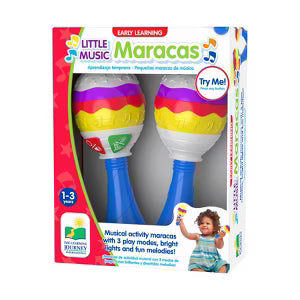 The packaging for the Little Music Maracas set features a box with a clear front display holding two toy maracas with white, wave-striped tops and blue handles.
