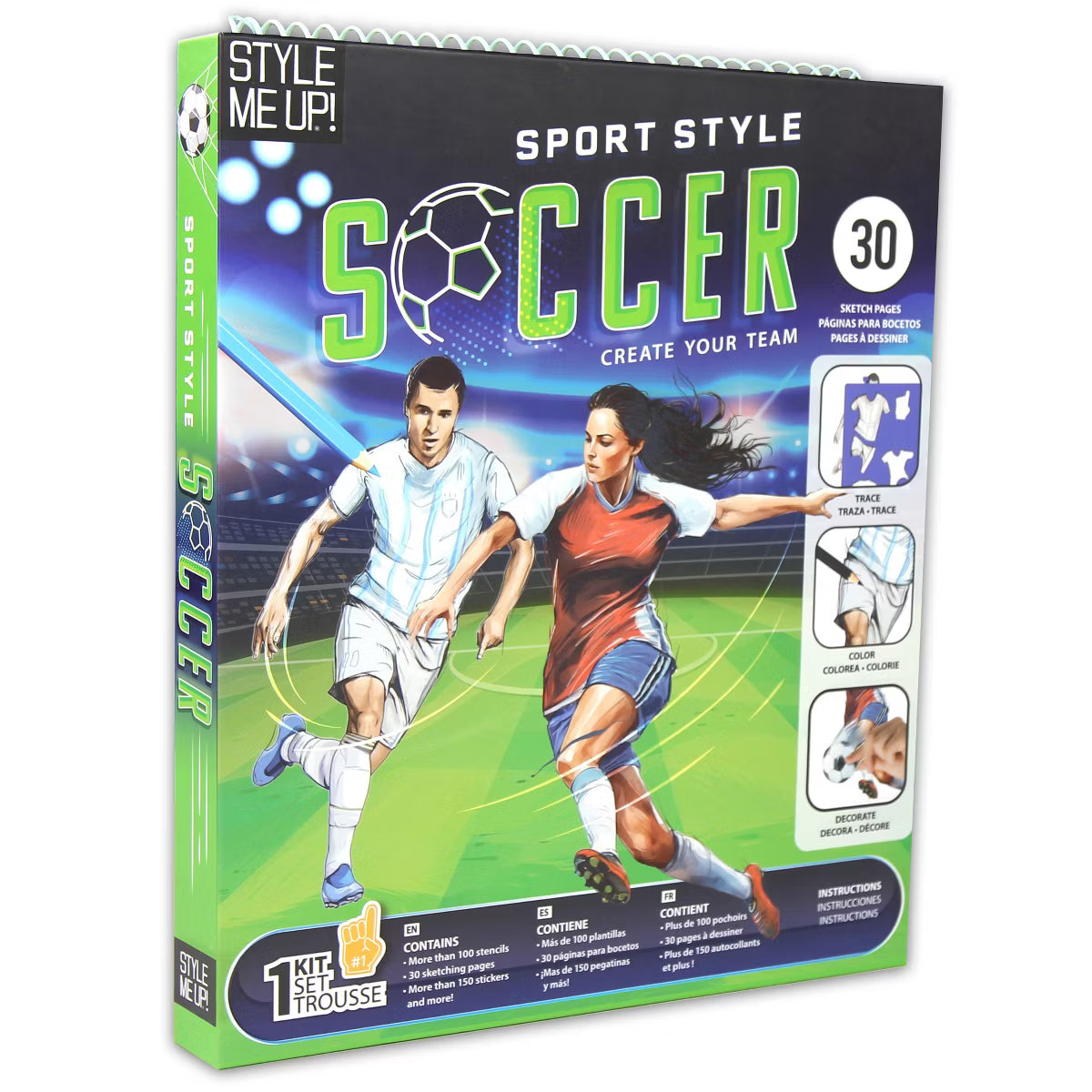 A boxed activity kit titled "Sport Style Soccer" shown at a slight angle on a white background. The package features soccer players on a green field, large green and white "SOCCER" text, and panels showing included pieces and usage examples.