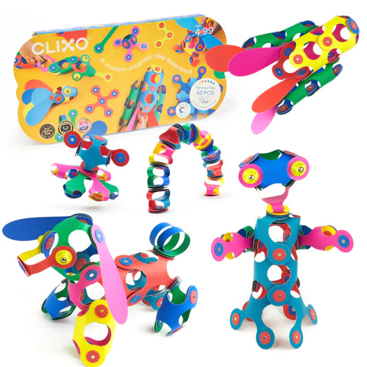 Colorful magnetic building toys with Clixo packaging on a white background