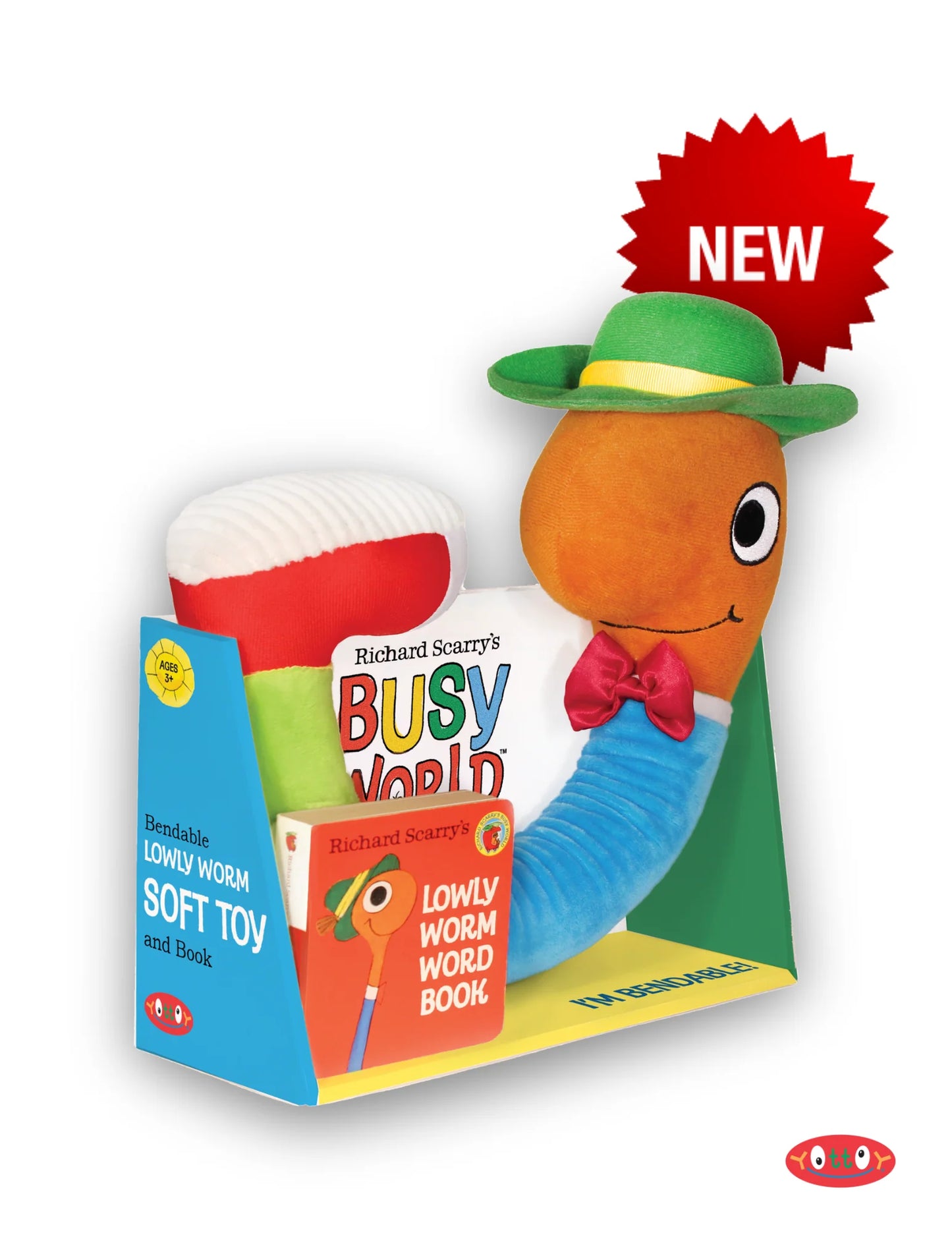 colorful soft worm with hat & hard cover small book, in open front packaging.