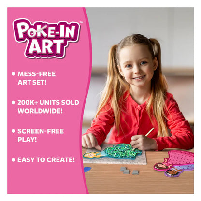 Girl engaging with a 'Poke-In Art' product, with promotional text on the left.