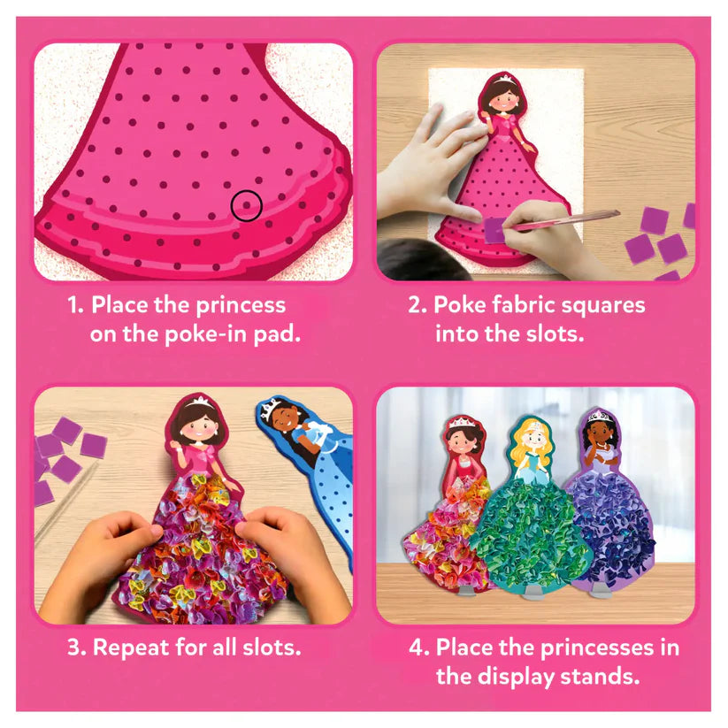 Instructions for assembling a princess dress-up toy set with colorful dresses and a pink poke-in pad.