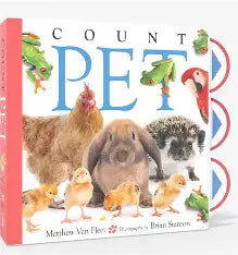 Cover of children's board book "COUNT PET": A white background with photos of a brown hen, yellow chicks, a floppy-eared bunny, a hedgehog, tiny green frogs on the title letters, and a red parrot. Pull tabs extend from the side.