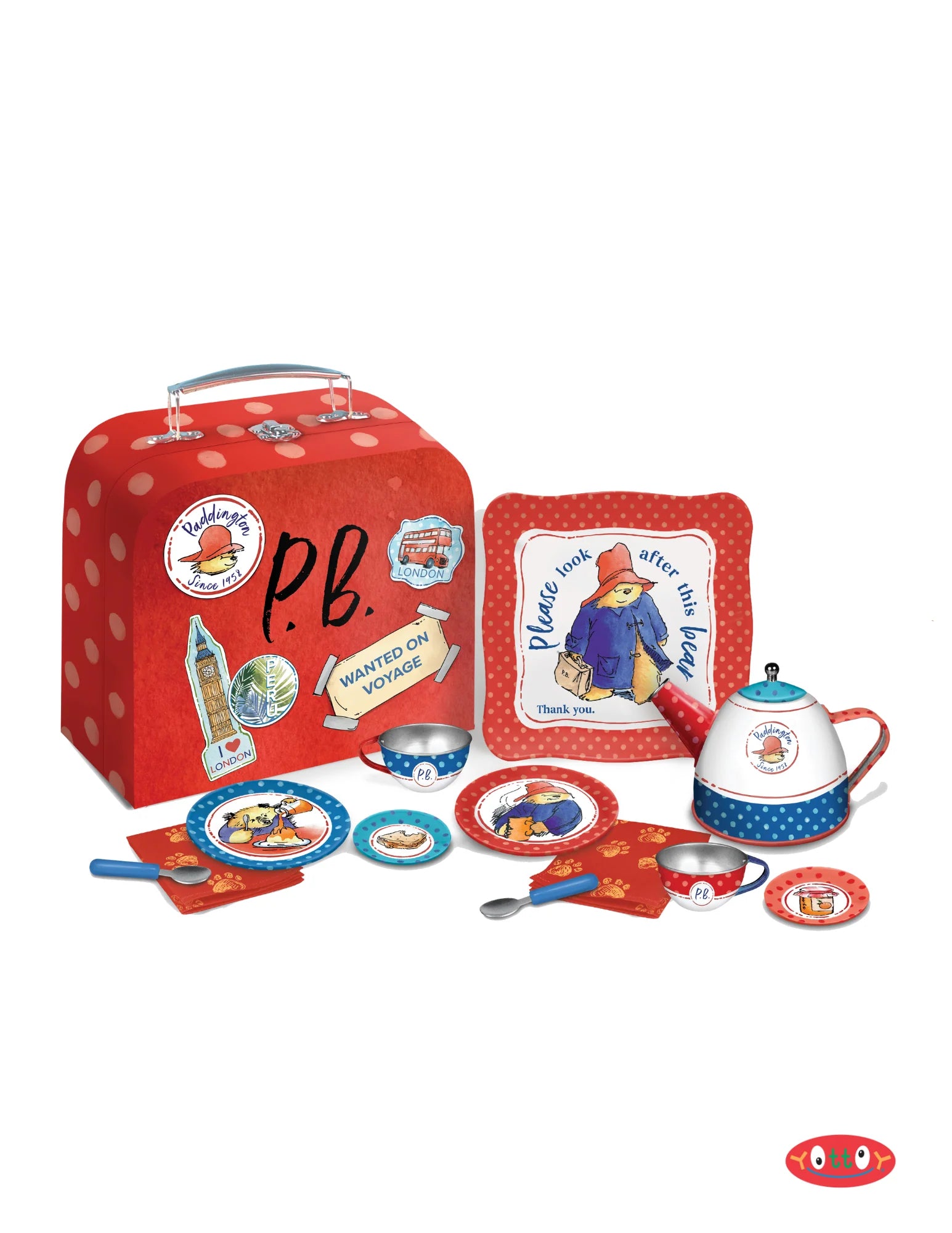 Tea set showing paddington bear with red, white and blue colors 