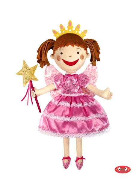 A plush princess doll with brown pigtails, wearing a shiny pink dress with white lace trim, a gold tiara, and holding a gold star wand, shown on a plain white background.