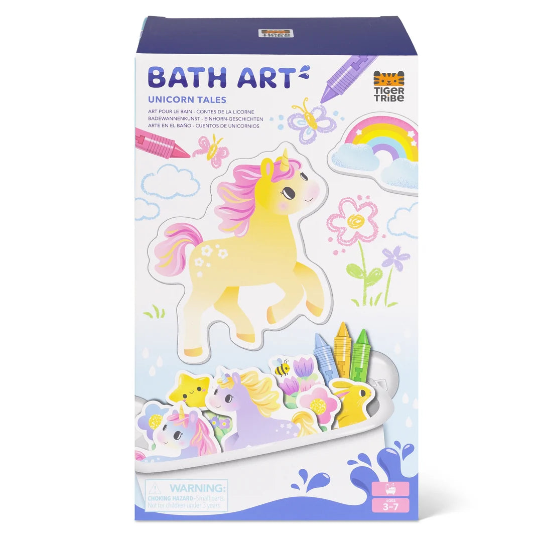Bath art packaging with unicorn design on a white background