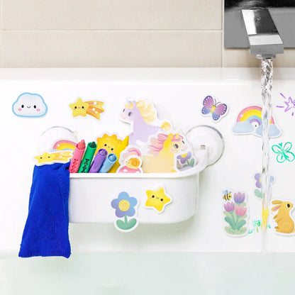 Children's bath toy with colorful stickers on a bathtub wall.