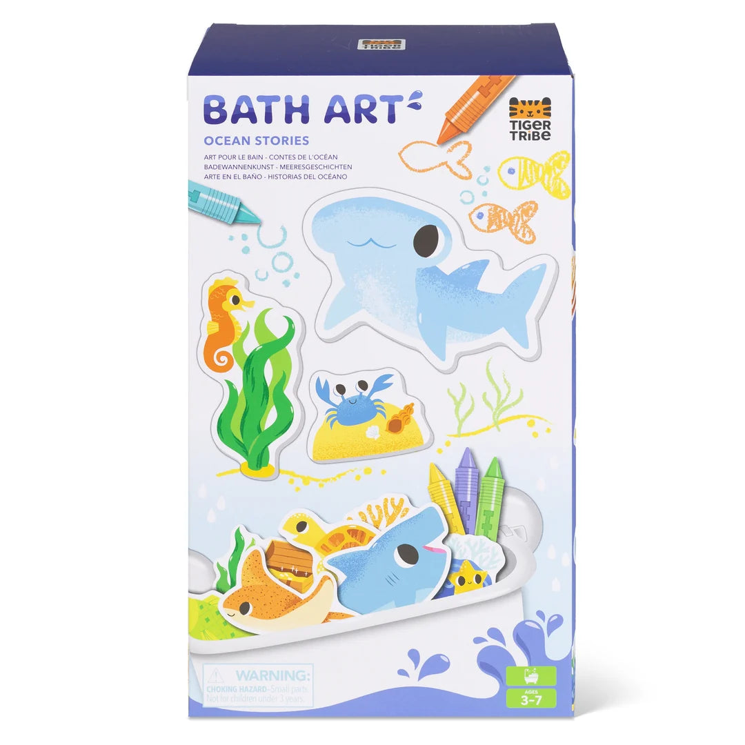 Bath art packaging with ocean-themed illustrations on a white background