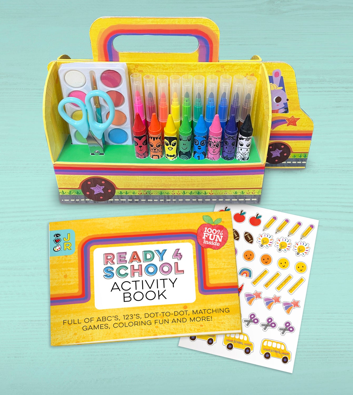 Ready For School Art Set

open box showing Caddy, Crayons, Markers, Watercolor paint and a blue pair of scissors. Also activity book and stickers.