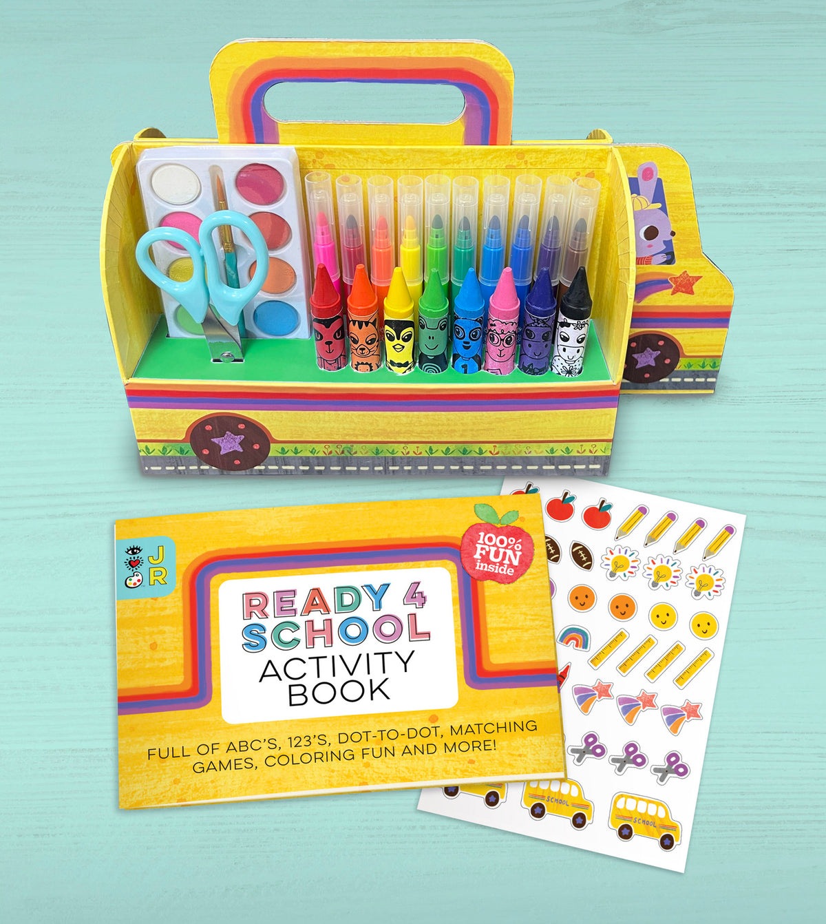 Ready For School Art Set

open box showing Caddy, Crayons, Markers, Watercolor paint and a blue pair of scissors. Also activity book and stickers.