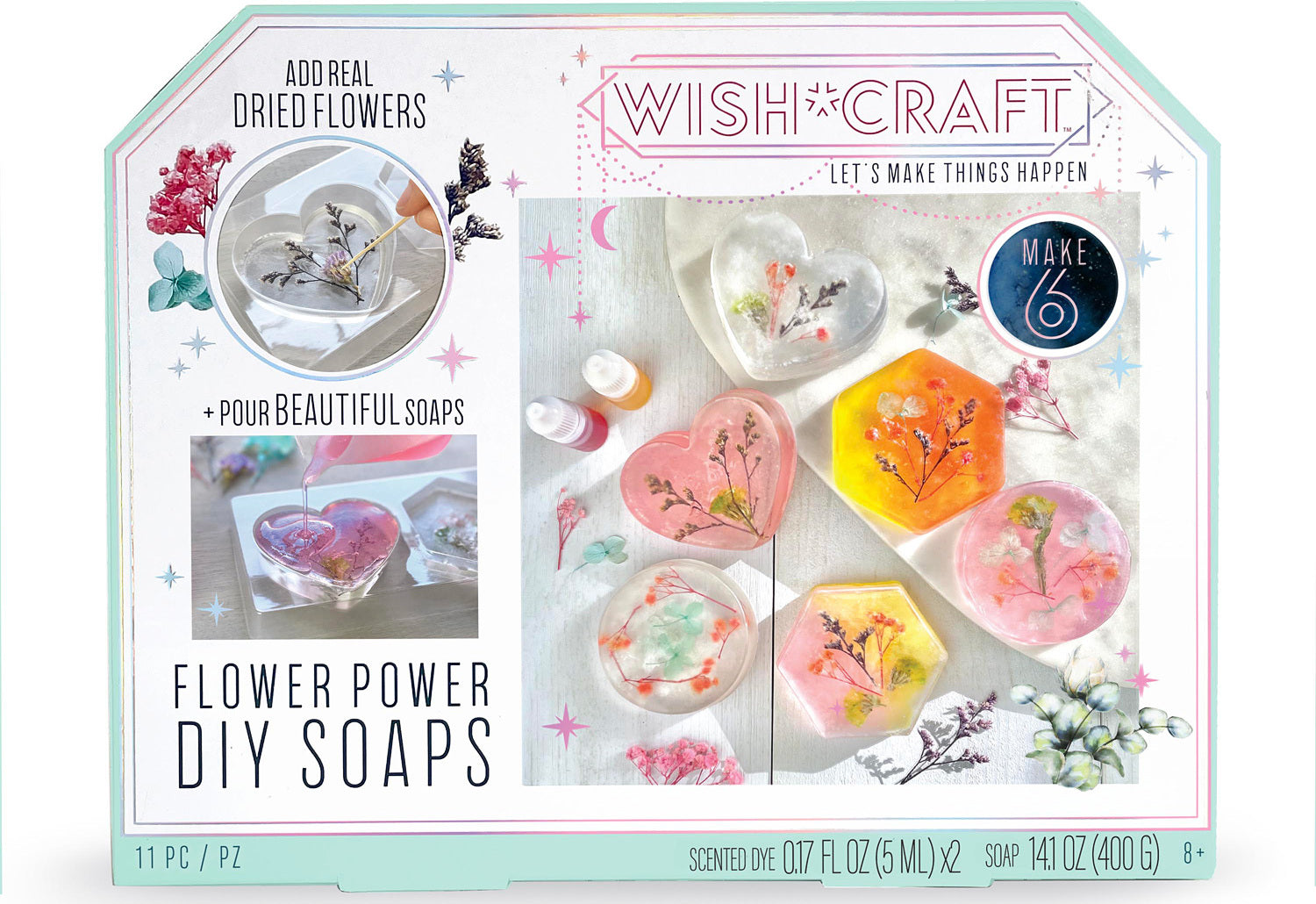 Flower Power Soaps
box showing shaped transluscent soaps with dried flowers inside.