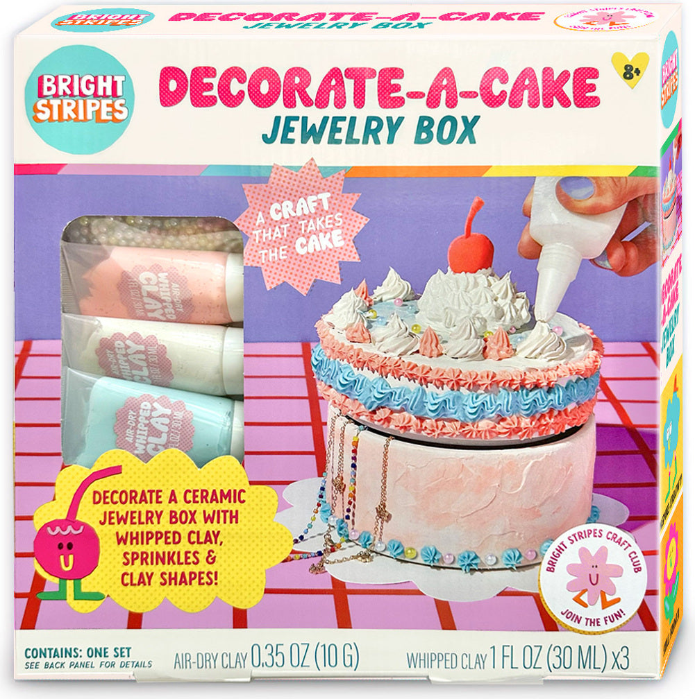 Decorate-a-Cake Jewelry Box
Packaging showing round jewelry box being decorated using whipped clay, sprinkles and clay shapes. 