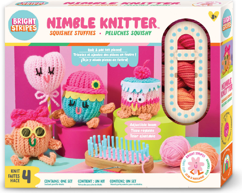 Nimble Knitter- Squishee Stuffies
packaging showing knitted stuffed animals in shape of cake, heart balloon and 2 characters.  Shows the adjustable loom and pink and orange yarn. 