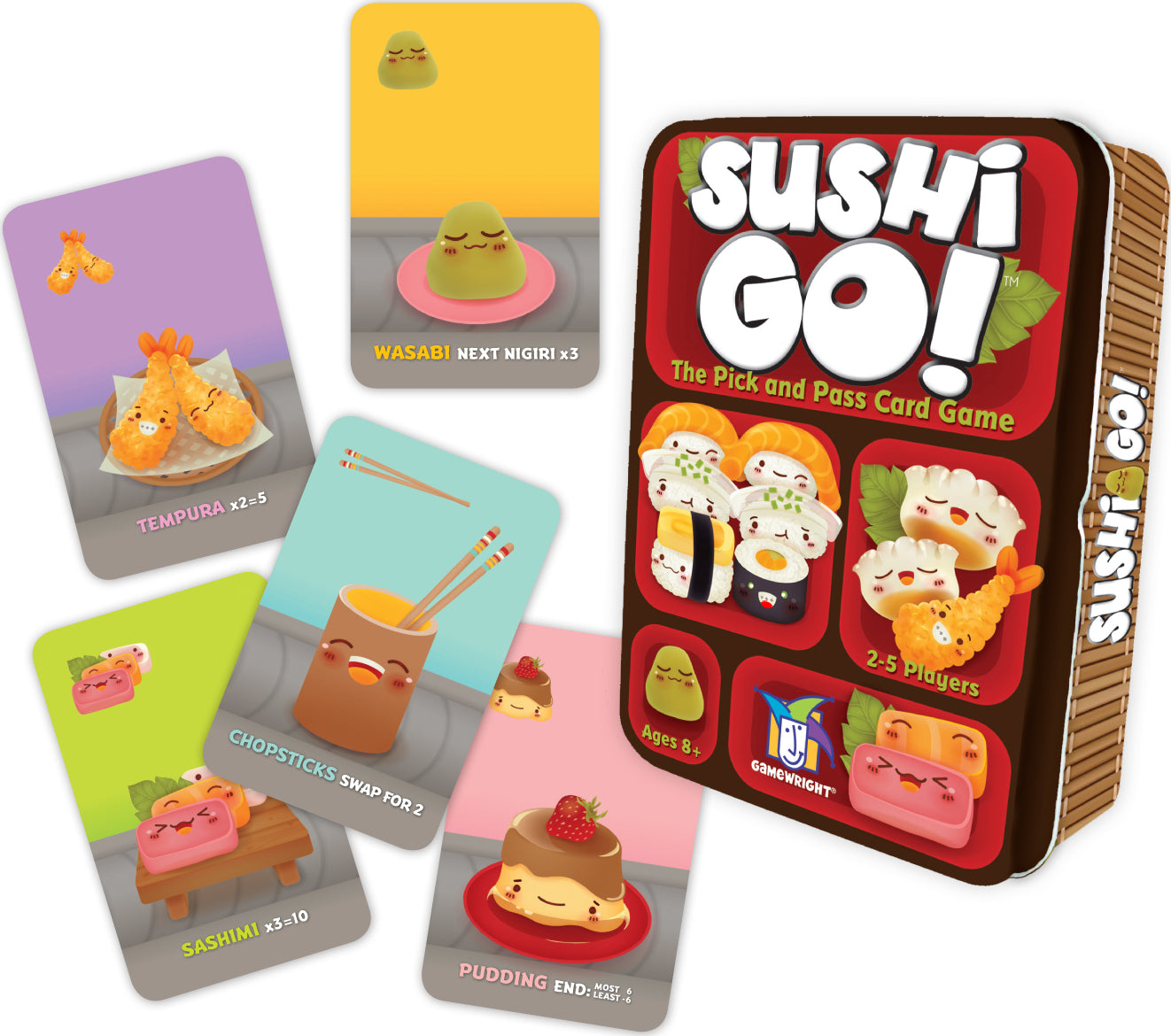 The image shows the board game 'Sushi Go!' packaged in a box with colorful card illustrations of different sushi dishes displayed on the front. The game is designed for multiple players and involves strategic card drafting.