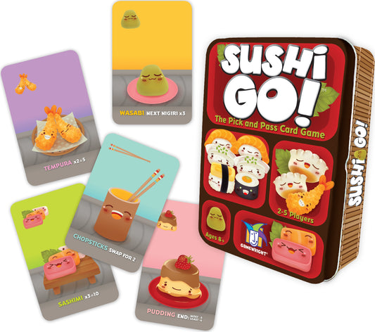 The image shows the board game 'Sushi Go!' packaged in a box with colorful card illustrations of different sushi dishes displayed on the front. The game is designed for multiple players and involves strategic card drafting.