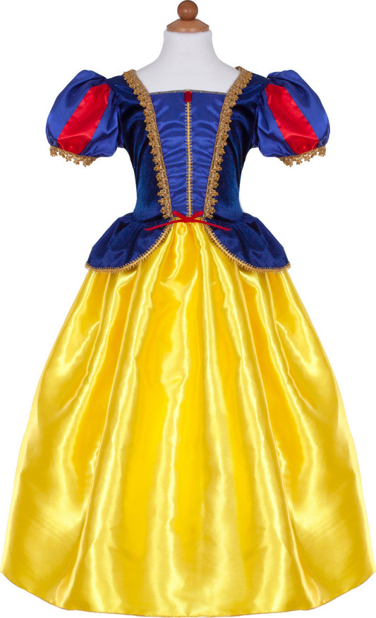 Costume dress with blue top and yellow skirt on a mannequin. Inspired by Snow White.