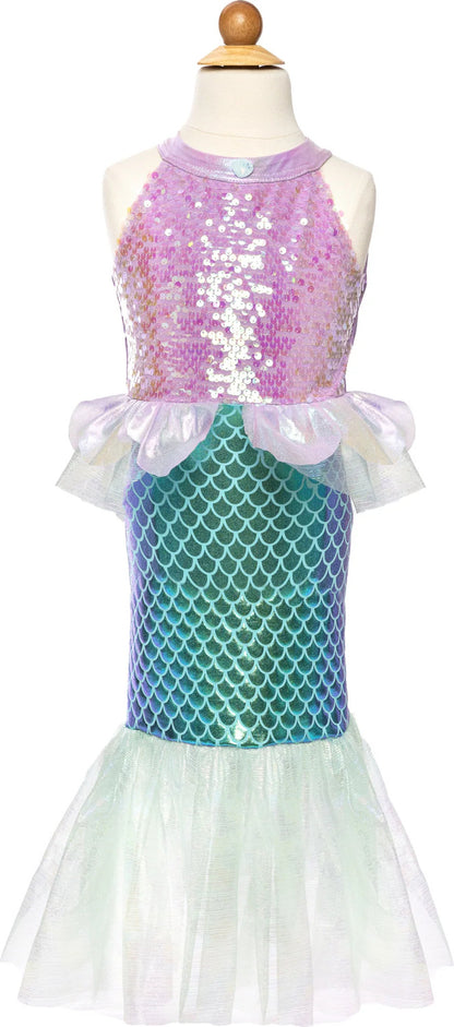 Childs mermaid dress with shimmery top and scales on the "tail." It has similar colors to Ariel, with a purple/pink top and teal bottom.