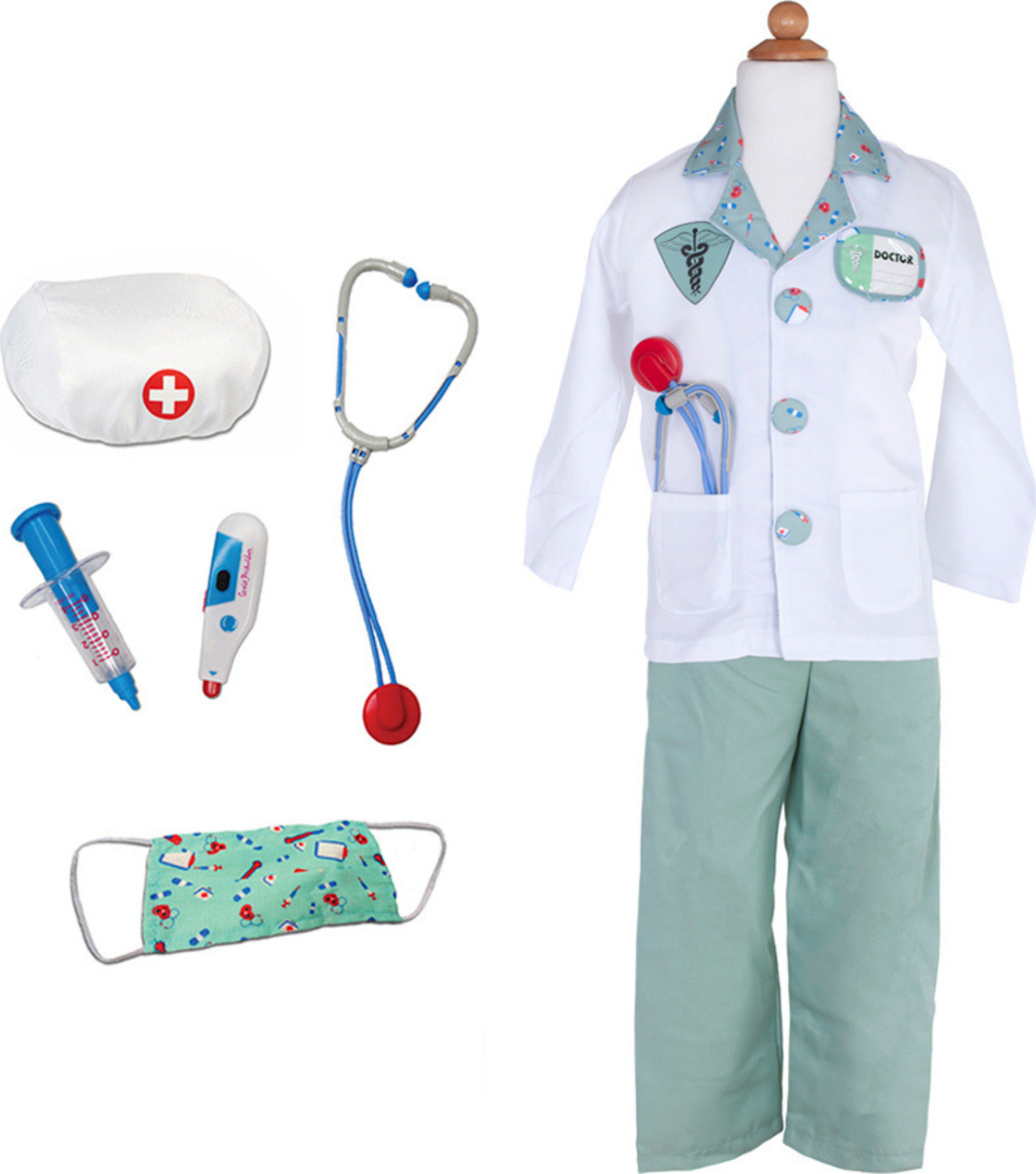 Child sized green/teal doctor costume including jacket/lab coat, pants, mask, nametag, hat, and other tools/accessories 