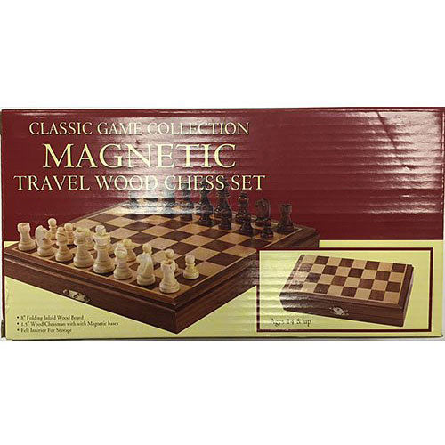 Boxed magnetic travel wood chess set with chessboard and pieces on a white background