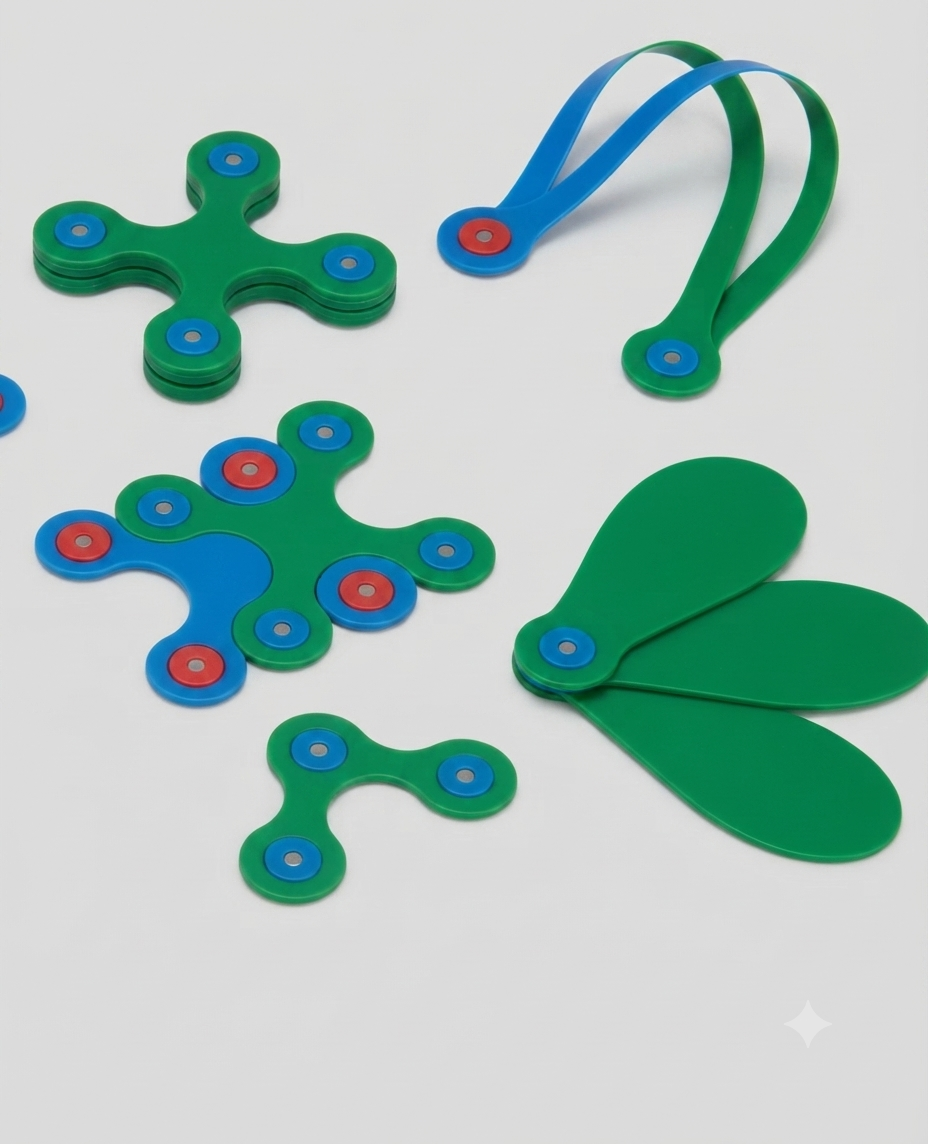 A set of colorful plastic fidget spinner toys on a light gray background. The set includes several green four-spoke fidgets with blue and red circular accents, a green and blue looped ribbon-style spinner, and a green two-spoke spinner.