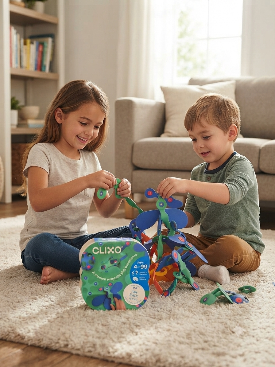 Two children sitting on a beige rug in a living room, playing with colorful magnetic building blocks. The product box for CLIKO is placed in front of them.