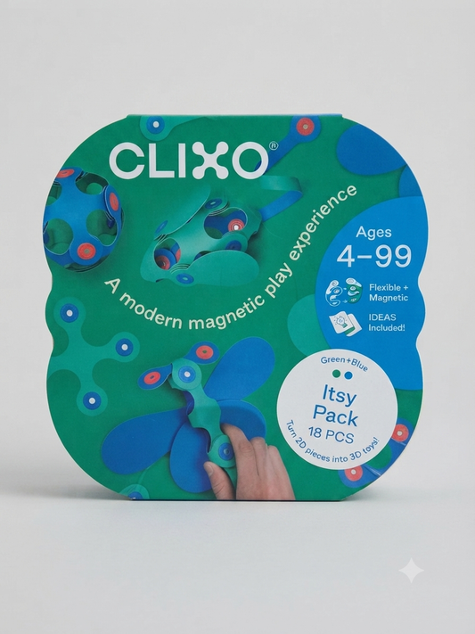 Clixo Itsy Pack 18-piece magnetic play experience toy set in its original packaging, featuring a scalloped green and blue design with a hand demonstrating the magnetic attachment of a toy piece.