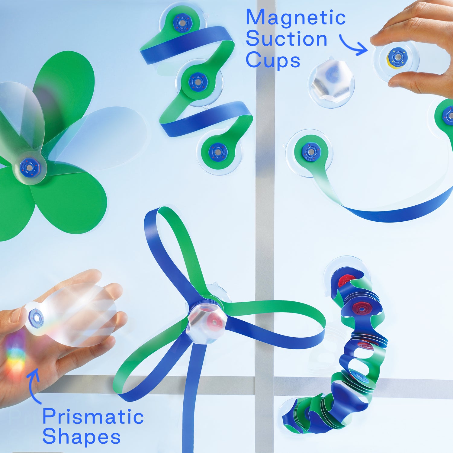 Colorful magnetic suction cup toys with prismatic shapes on a clear background