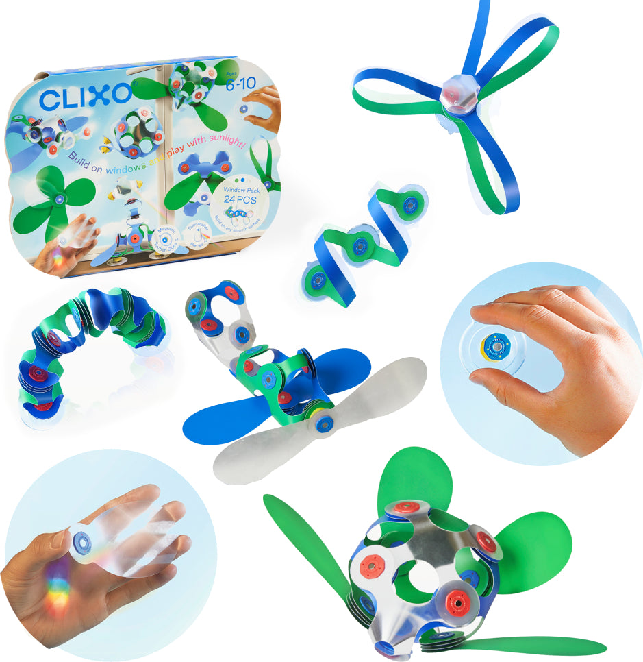 Collage of Clixo building toys with packaging on a white background