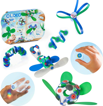 Collage of Clixo building toys with packaging on a white background