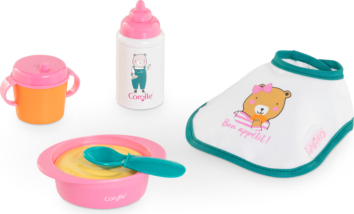 Pink Mealtime Set for 12" Dolls includes pretend play sippy cup, bowl with spoon, bib and bottle