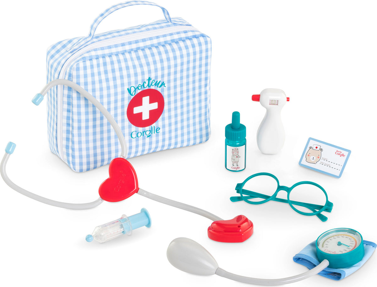 Large Doctor Set includes blue and white checkered bag, pretend play stethescope, blood pressure gauge, glasses, card, thermometer, drops and injectore.