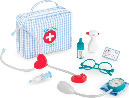 Large Doctor Set includes blue and white checkered bag, pretend play stethescope, blood pressure gauge, glasses, card, thermometer, drops and injectore.