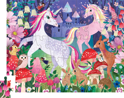 two unicorns in colorful woodland