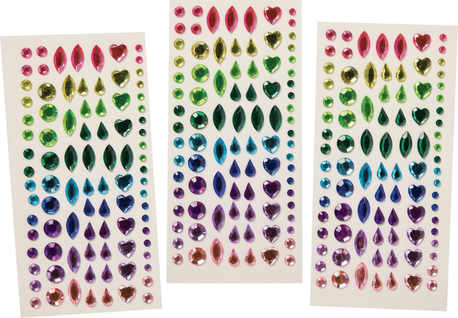 Three sheets of colorful gemstone stickers on a white background