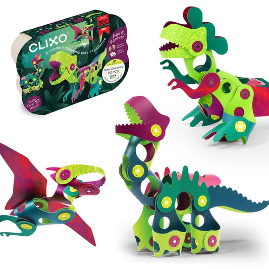 Colorful dinosaur toy set with packaging on a white background