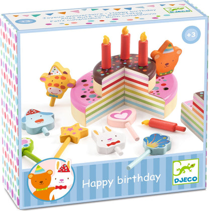 Toy birthday cake set with candles and animals on a colorful box, featuring the Djeco brand.