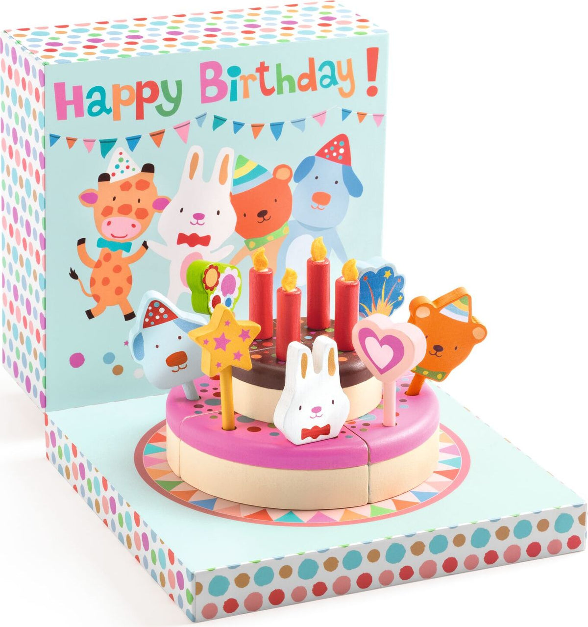 Children's birthday cake toy with animal characters on a colorful box