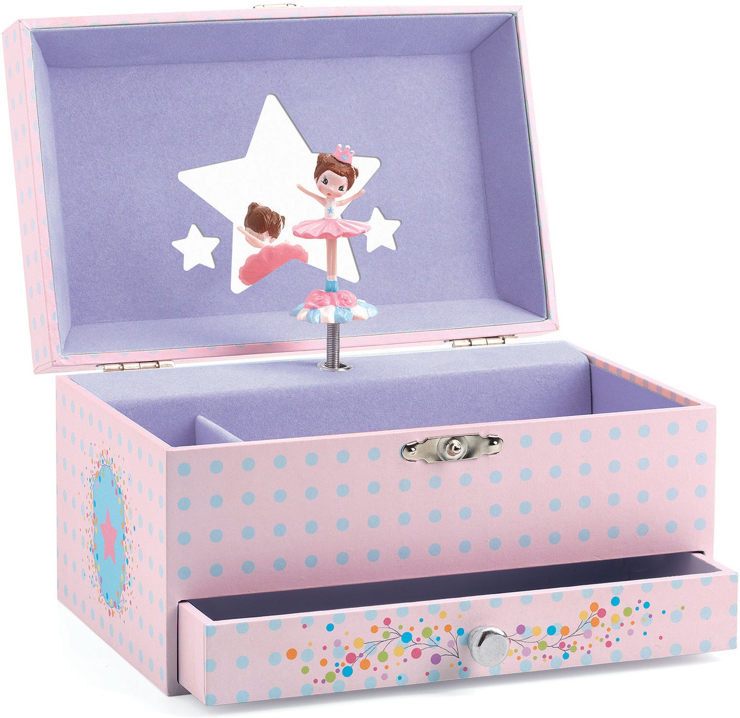 A musical jewelry box opened to show the interior with a spinning ballerina figure on a stage, surrounded by a pink and white dotted pattern.