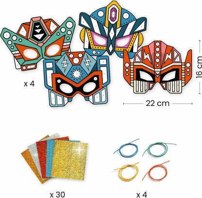 Colorful paper masks with accessories on a white background