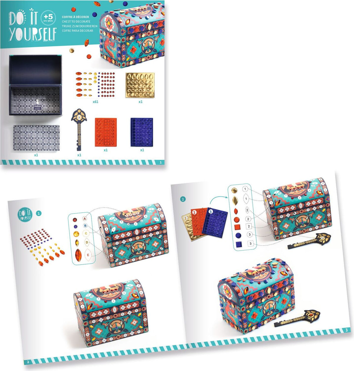 A DIY craft kit instruction booklet showing how to assemble a decorative treasure chest. The booklet includes step-by-step diagrams, color swatches, and photos of the completed colorful chest with a patterned design, alongside a key.