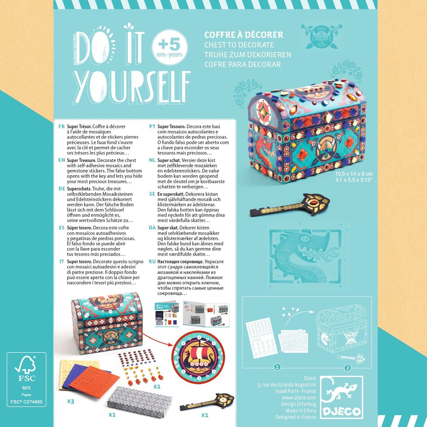 Decorative chest kit with colorful design and instructions on a blue and beige background