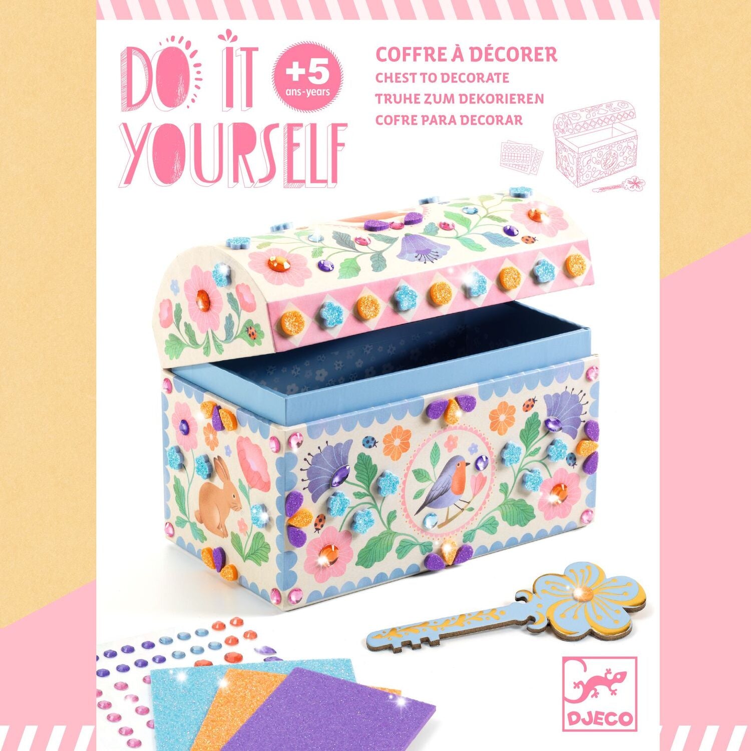 Decorative chest with floral design and accessories on a colorful background, featuring the brand 'Djeco'.
