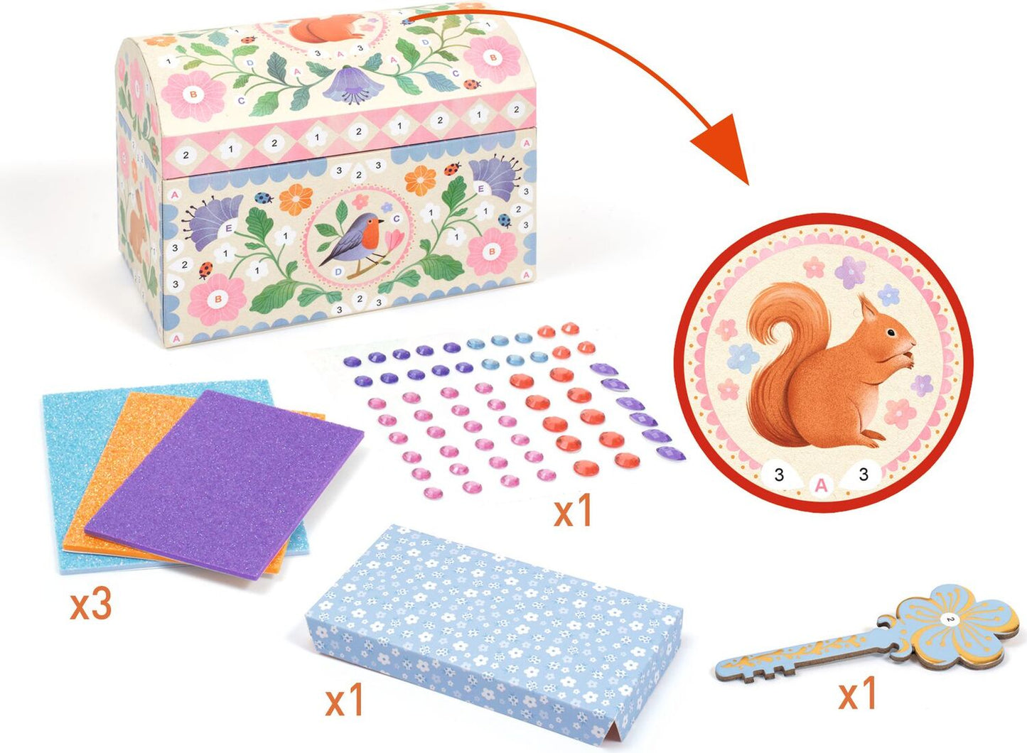 A children's puzzle box set with a decorated floral and bird-themed box, a blue patterned box, a key, colored cards, round stickers, and a circular squirrel illustration inset, shown on a white background with quantity labels.