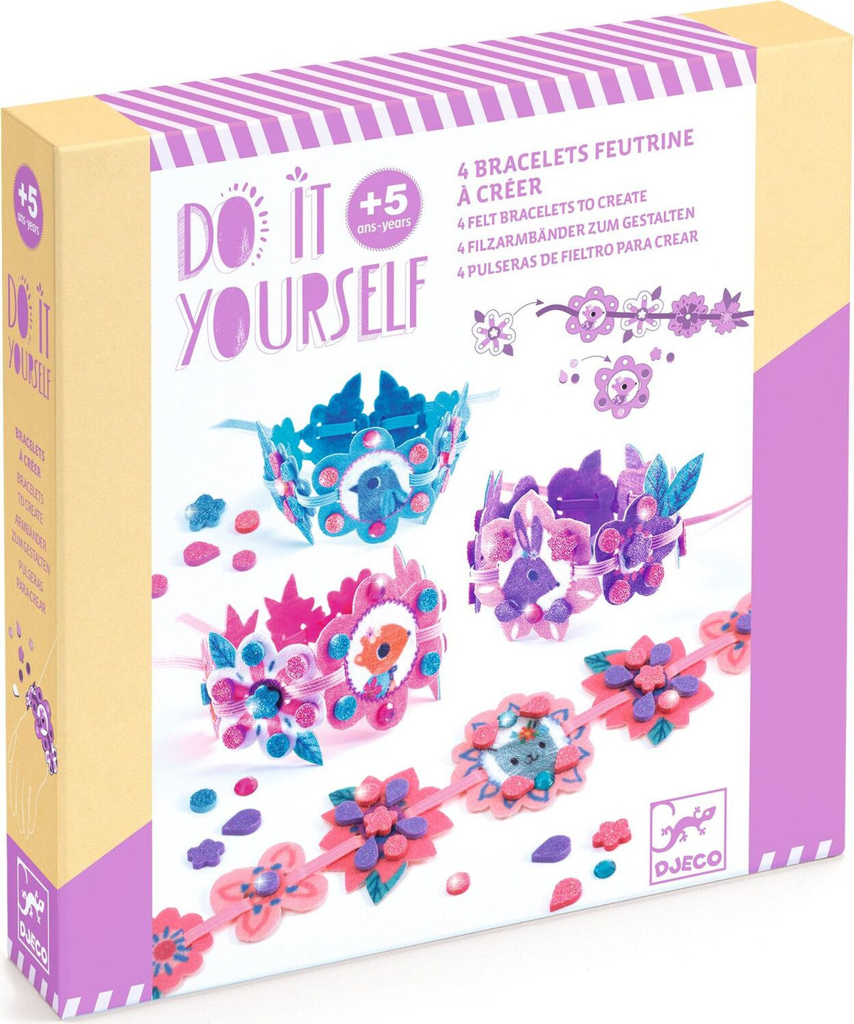A boxed craft kit labeled 'Do It Yourself' by Djeco, showing colorful bracelet designs on the front panel and a yellow-and-white package with purple accents.