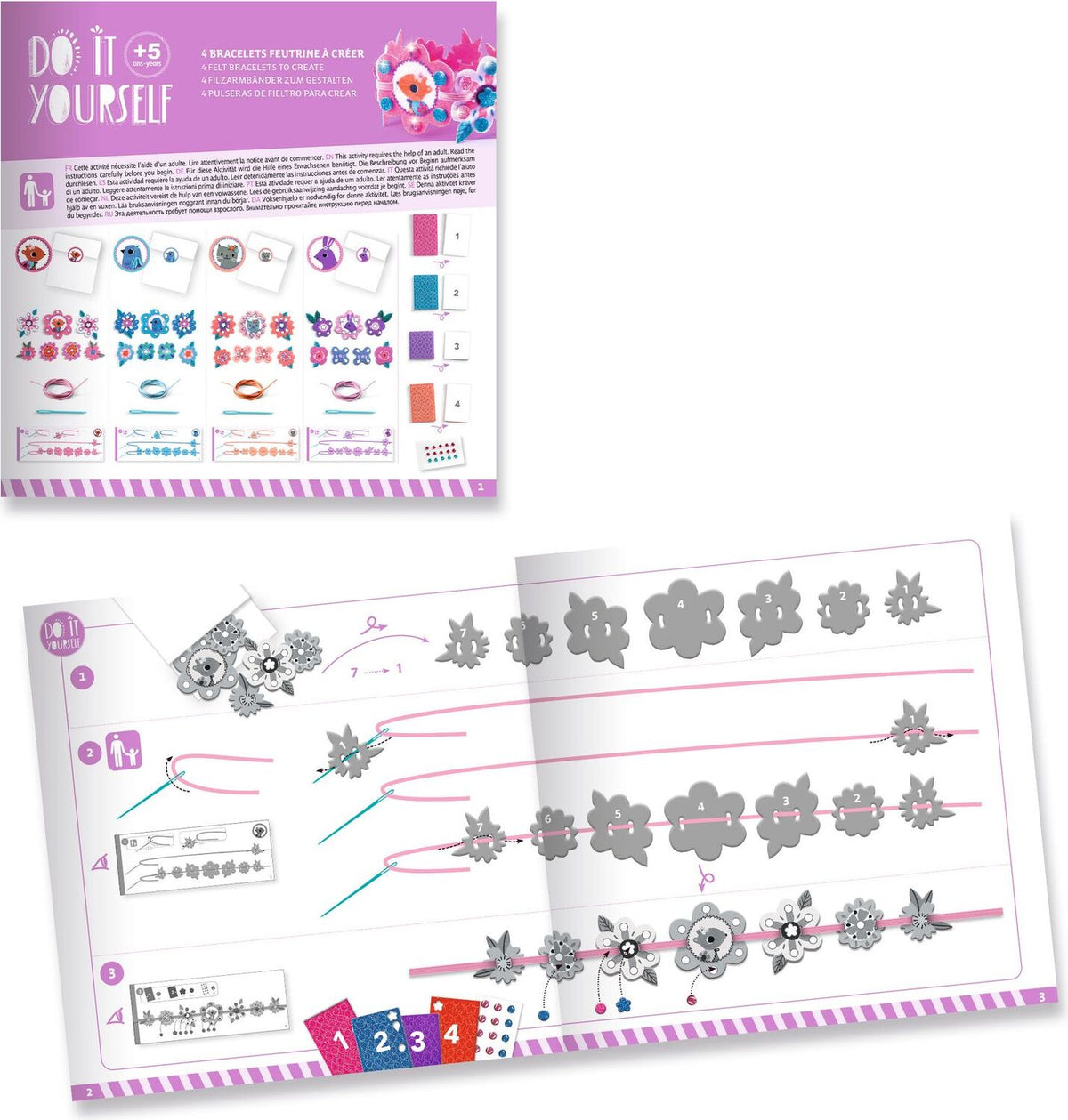 A children's DIY craft kit shown in two views: one page displays the included sticker pieces and color cards, while the other shows an open instruction booklet with step-by-step floral sticker layouts.