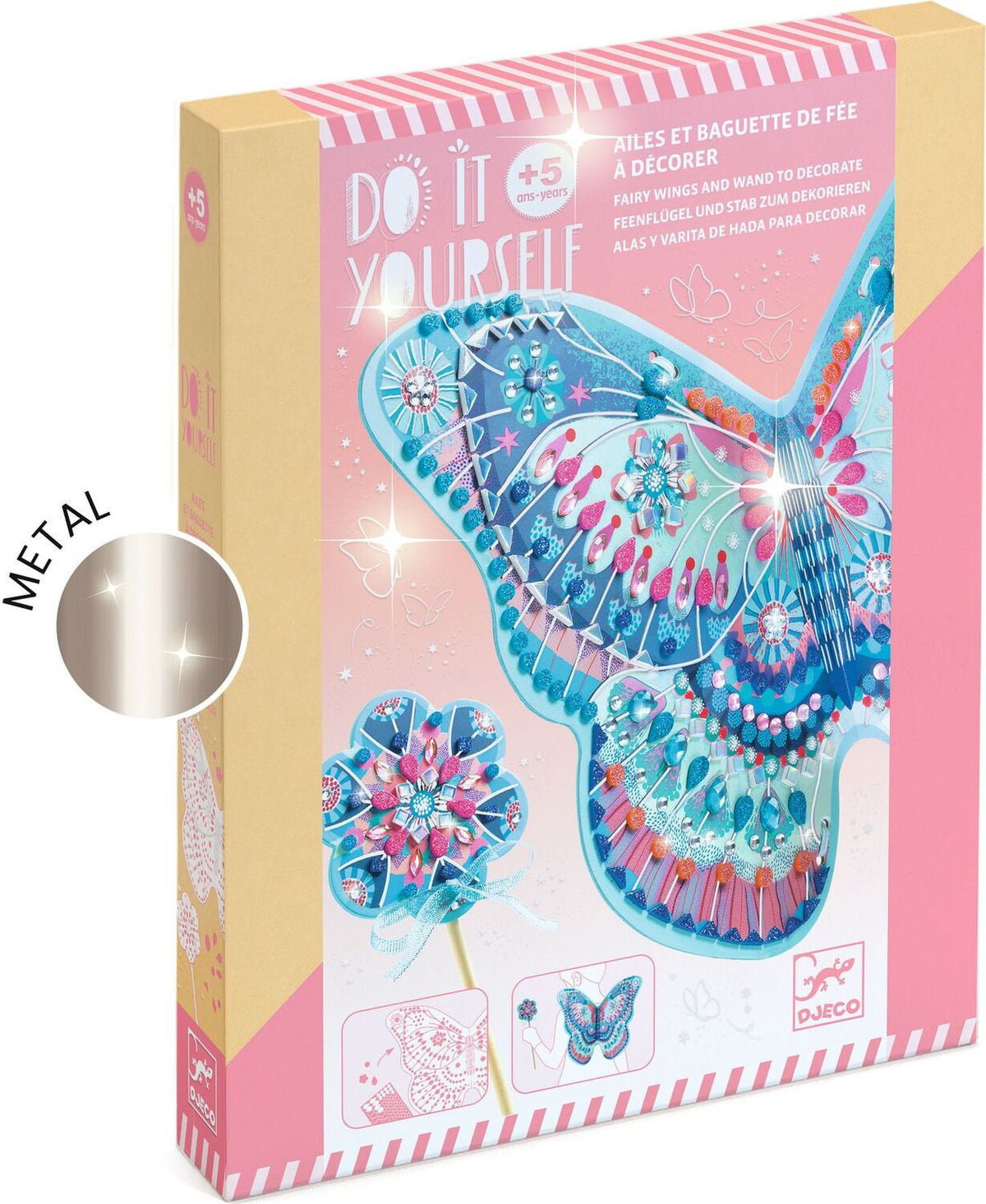 Packaging of a butterfly decoration craft kit with pink and white striped design