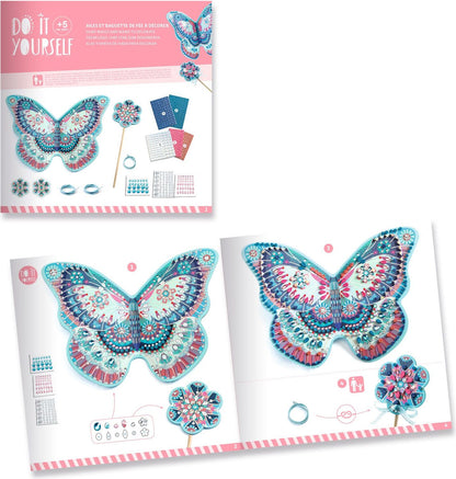 A butterfly DIY craft kit shown with its printed package cover and two open instruction pages. The kit includes a large colorful butterfly design, smaller decorative butterfly pieces, stickers, and step-by-step assembly instructions on a white background.
