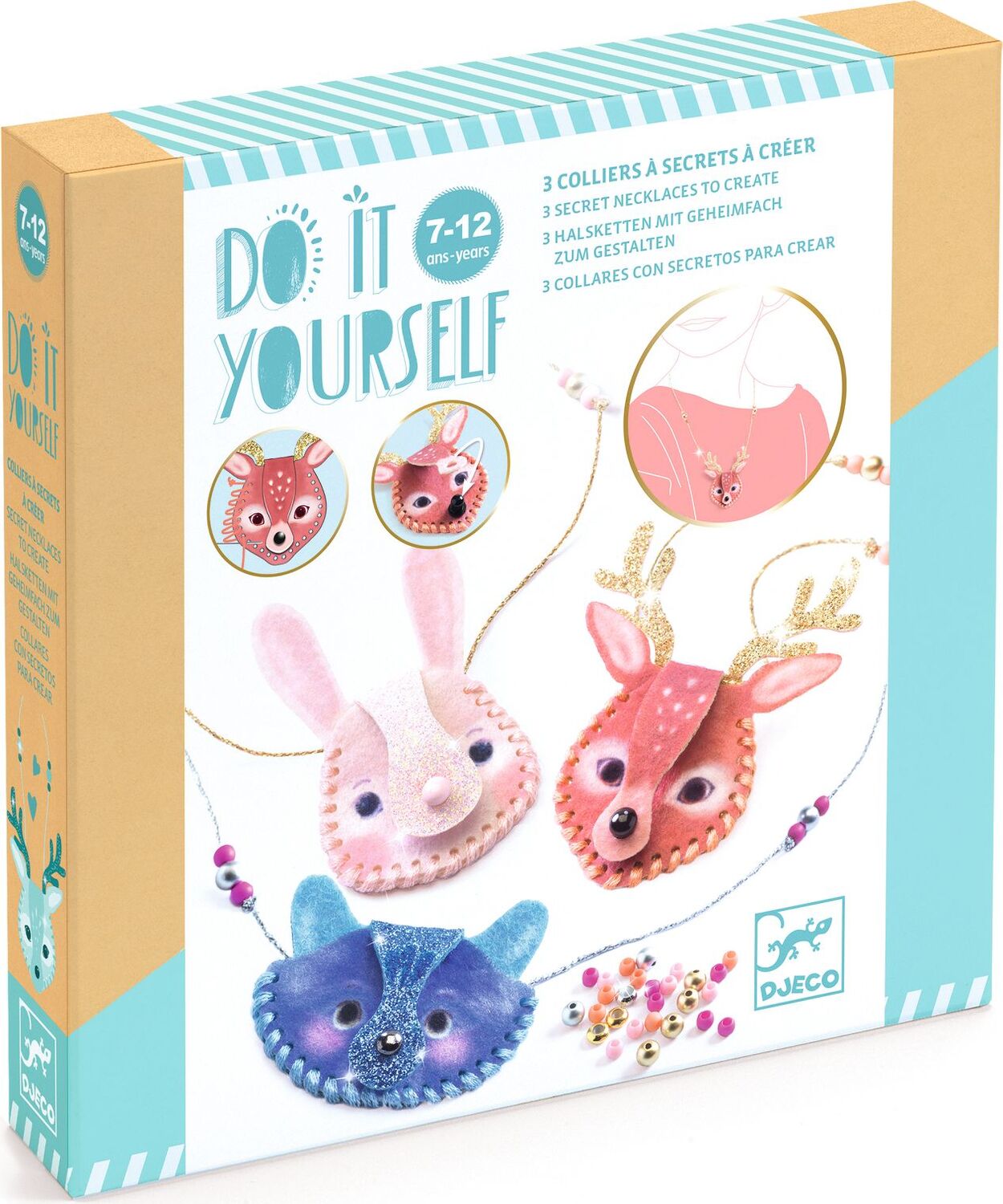 A boxed craft kit labeled 'Do It Yourself' by Djeco, showing illustrated finished necklaces: pink bunny, coral deer, and blue fox, with product instructions and age 7-12 text on the front.