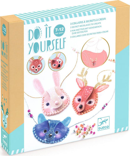 A boxed craft kit labeled 'Do It Yourself' by Djeco, showing illustrated finished necklaces: pink bunny, coral deer, and blue fox, with product instructions and age 7-12 text on the front.