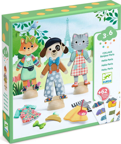 Jecdo Collage Paris toy set in its original packaging, featuring three animal characters (a fox, a dog, and a cat) on wooden bases with various colorful clothing and accessory pieces displayed in front of a Paris-themed illustration.